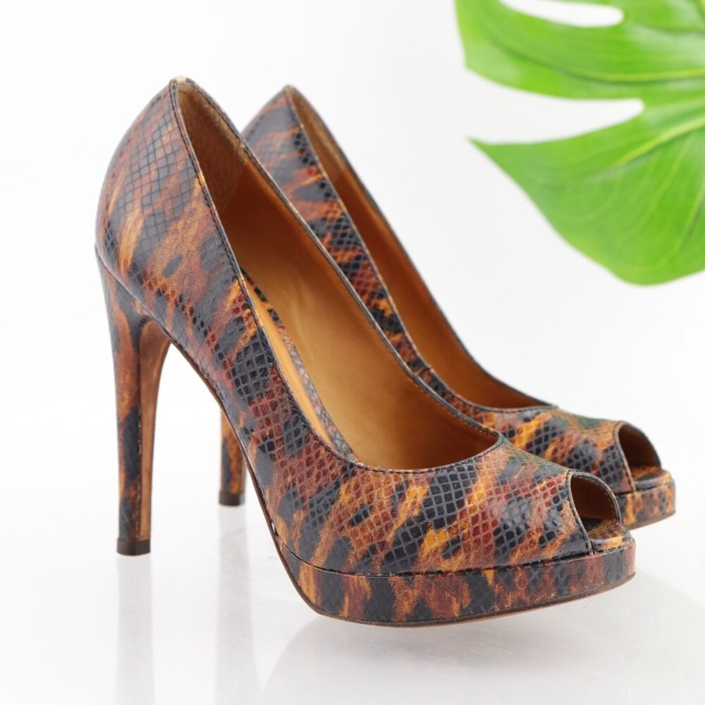Michael Kors Womens Pumps Size 7 M Brown Tan Python Platform Heel Peep Toe Shoes